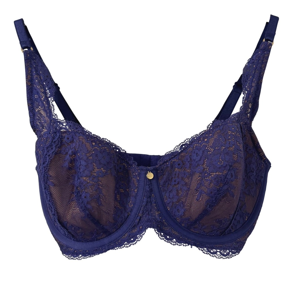 Adore Me Underwire Bra Womens 32DDD‎ Royal Blue Floral Lace Mesh Wings
